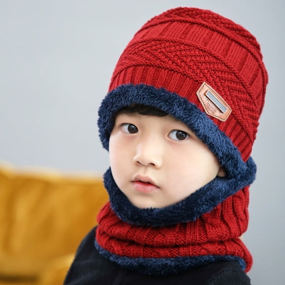 2 Pieces Kids Winter Warm Knitted Hat and Scarf, Knit Beanie Cap Fleece Lining Thick Knit Skull Cap for Boys and Girls "Red"