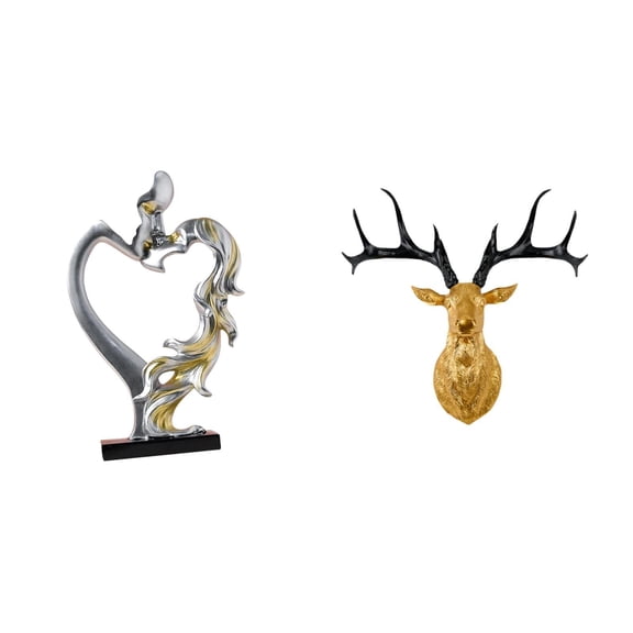 2 Pieces Kissing Couple Statue Deer Head Sculpture Resin Abstract Decor for Office Bookshelf Anniversary Gift