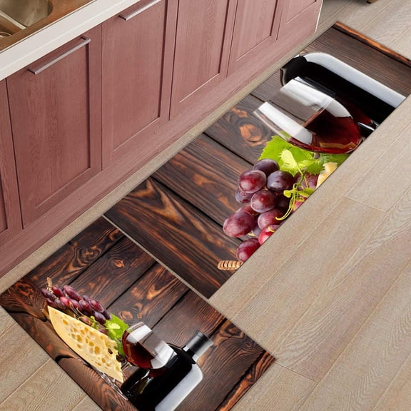 Pionism Red Wine with Glass Grapes and Cheese Brown Runner Rugs (2 Count)