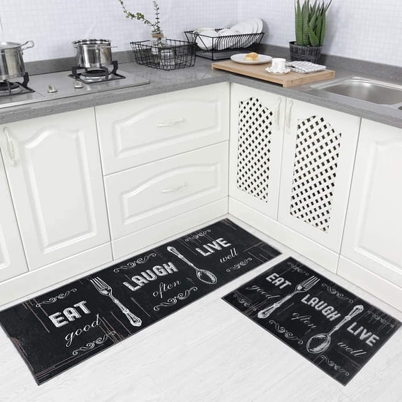 2 Pieces Kitchen Rug Set Non-Slip Backing Mat Throw for Kitchen Doormat Runner, Motto Design, Blackish/Dark Grey (17"x48"+17"x24")