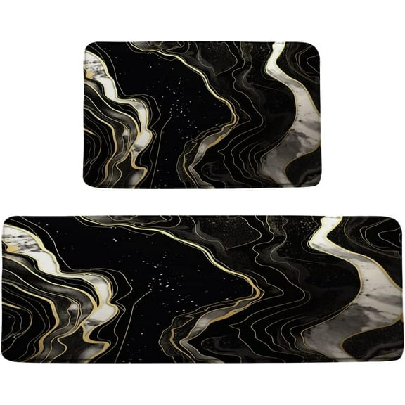 2 Pieces Kitchen Rug and Mat Set Gold Black Marble Bathroom Rug Abstract Modern Art Ink Texture Stone Fashion Indoor Corridor Bathroom Decor