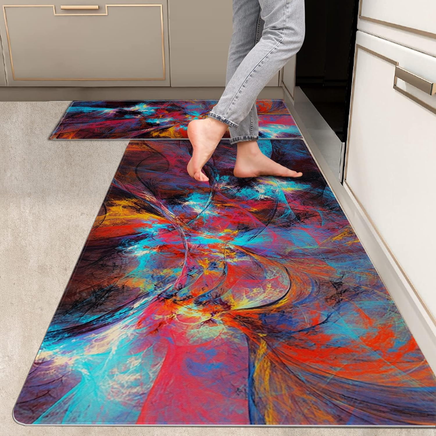 2 Pieces Kitchen Rugs, Abstract Anti Fatigue Non Slip Foam Cushioned ...