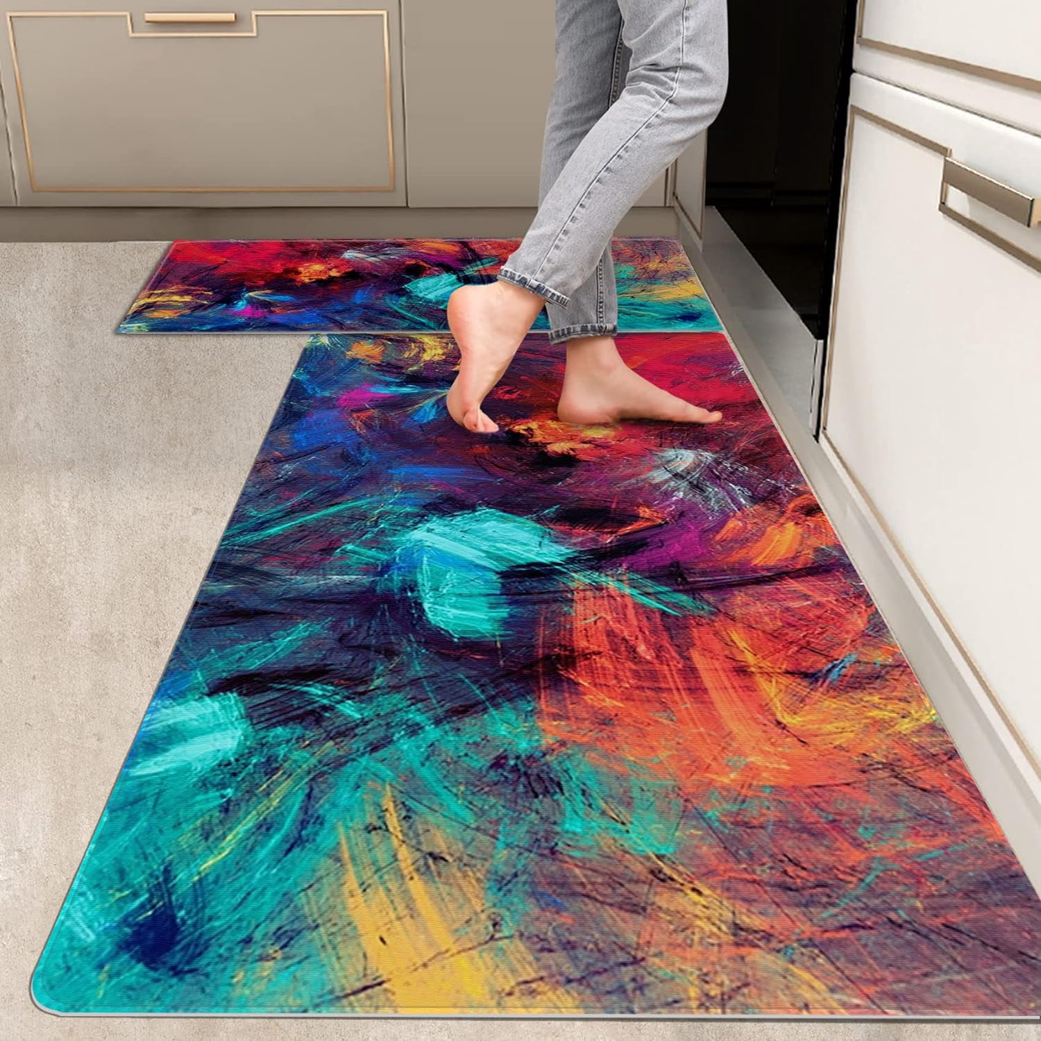 2 Pieces Kitchen Rugs, Abstract Anti Fatigue Non Slip Foam Cushioned ...