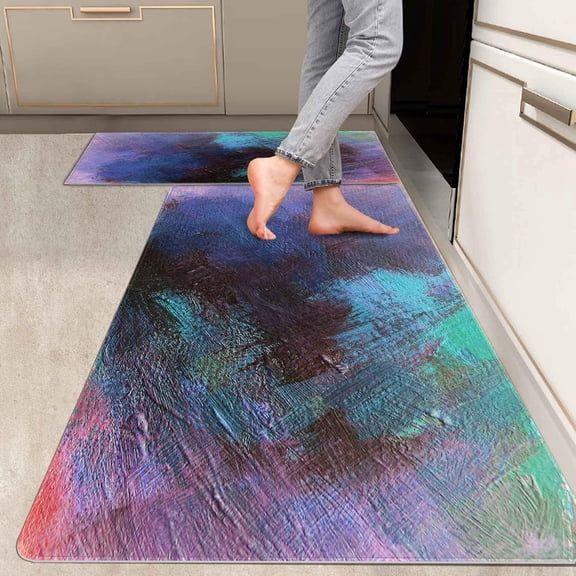 2 Pieces Kitchen Rugs, Abstract Anti Fatigue Non Slip Foam Cushioned Art Design Radiant Orchid Green Comfort Indoor Floor Mat Runner Rug Set for Laundry Office Sink Bathroom (17"x48"+17"x24")