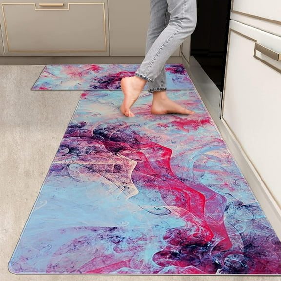 2 Pieces Kitchen Rugs, Abstract Anti Fatigue Non Slip Foam Cushioned Art Lavender Purple Painting Comfort Indoor Floor Mat Runner Rug Set for Laundry Office Sink Bathroom (17"X48"+17"X24")