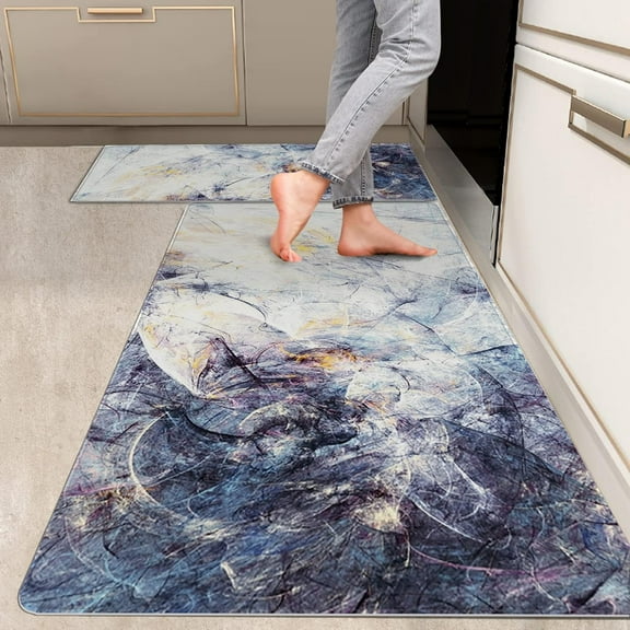 2 Pieces Kitchen Rugs, Abstract Anti Fatigue Non Slip Foam Cushioned Art Light Gray Painting Modern Comfort Indoor Floor Mat Runner Rug Set for Laundry Office Sink Bathroom (17"X48"+17"X24")