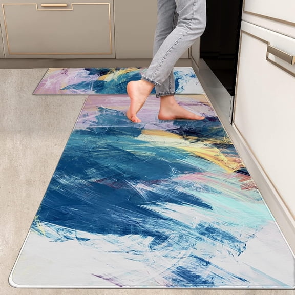 2 Pieces Kitchen Rugs, Abstract Anti Fatigue Non Slip Foam Cushioned Art Light Pink Teal Painting Comfort Indoor Floor Mat Runner Rug Set for Laundry Office Sink Bathroom (17"X48"+17"X24")