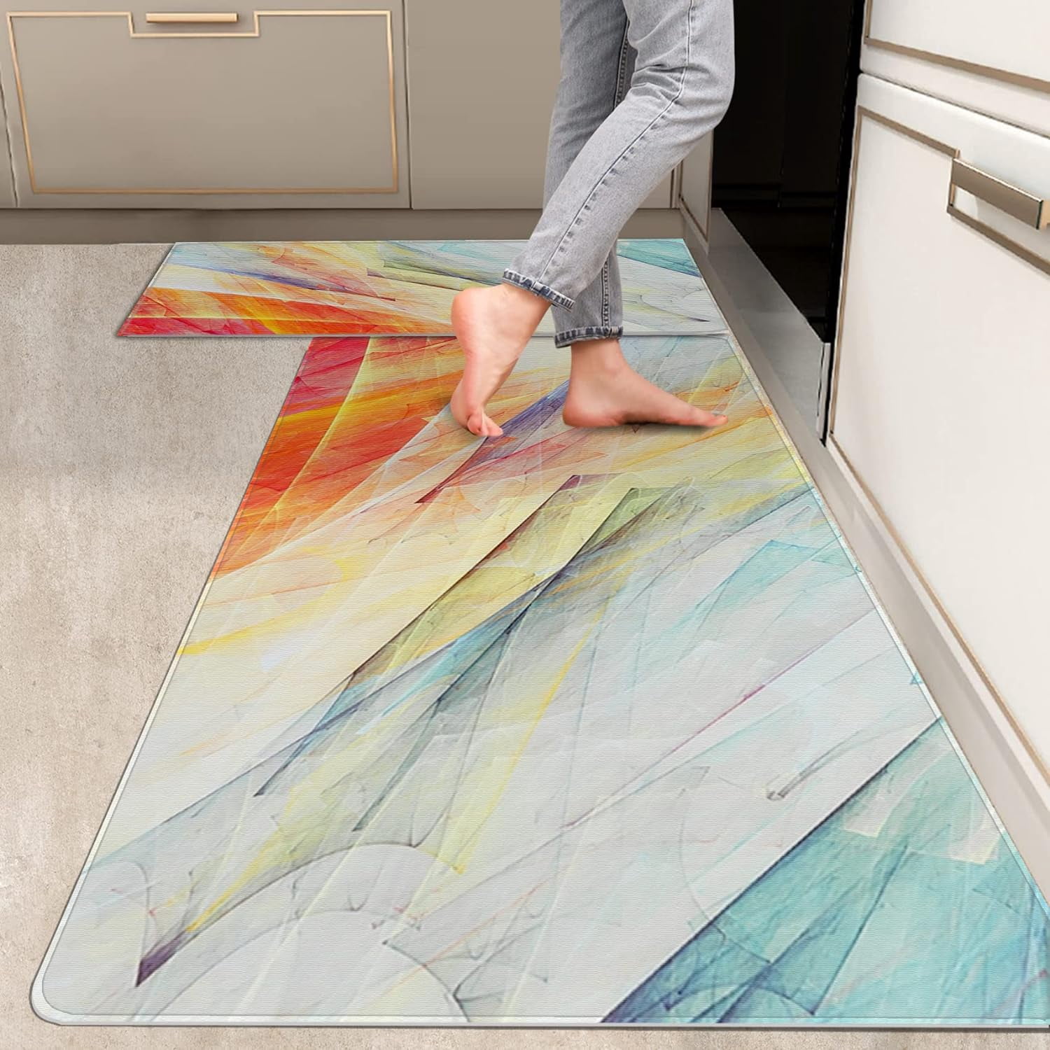 2 Pieces Kitchen Rugs, Abstract Anti Fatigue Non Slip Foam Cushioned ...
