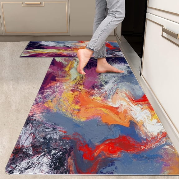 2 Pieces Kitchen Rugs, Abstract Anti Fatigue Non Slip Foam Cushioned Art Modern Colorful Painting Comfort Indoor Floor Mat Runner Rug Set for Laundry Office Sink Bathroom (17"X48"+17"X24")