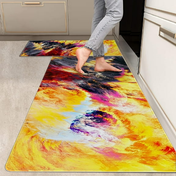 2 Pieces Kitchen Rugs, Abstract Anti Fatigue Non Slip Foam Cushioned Art Modern Colorful Painting Comfort Indoor Floor Mat Runner Rug Set for Laundry Office Sink Bathroom (17"X48"+17"X24")