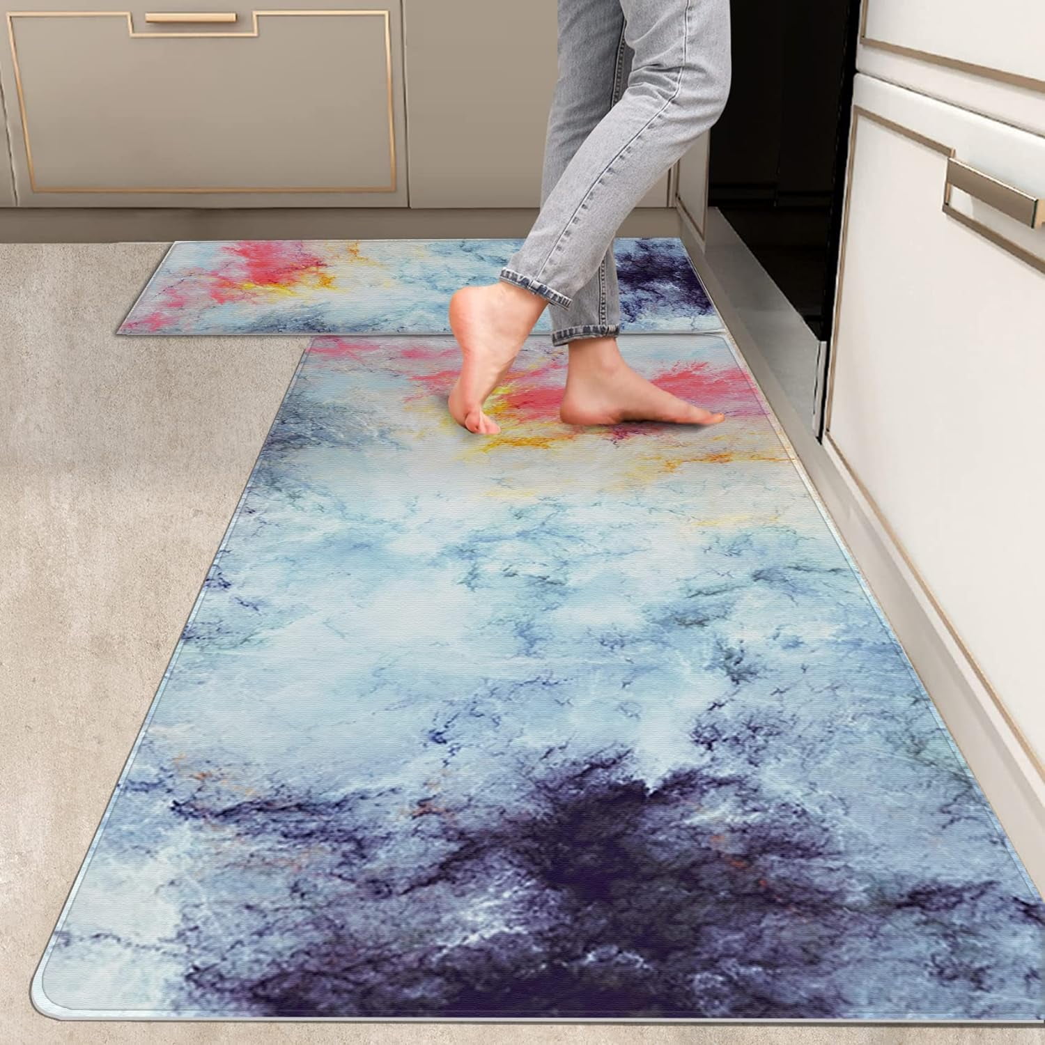 Dee Rugs 2 Pieces Kitchen Rugs, Abstract Anti Fatigue Non Slip Foam Cushioned ...