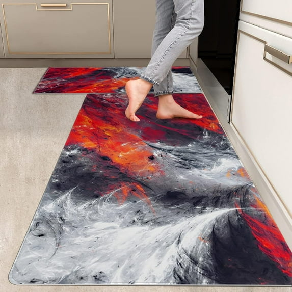 2 Pieces Kitchen Rugs, Abstract Anti Fatigue Non Slip Foam Cushioned Art Modern Orange Gray Painting Comfort Indoor Floor Mat Runner Rug Set for Laundry Office Sink Bathroom (17"X48"+17"X24")