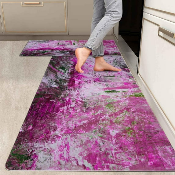 2 Pieces Kitchen Rugs, Abstract Anti Fatigue Non Slip Foam Cushioned Art Modern Radiant Orchid Comfort Indoor Floor Mat Runner Rug Set for Laundry Office Sink Bathroom (17"x48"+17"x24")