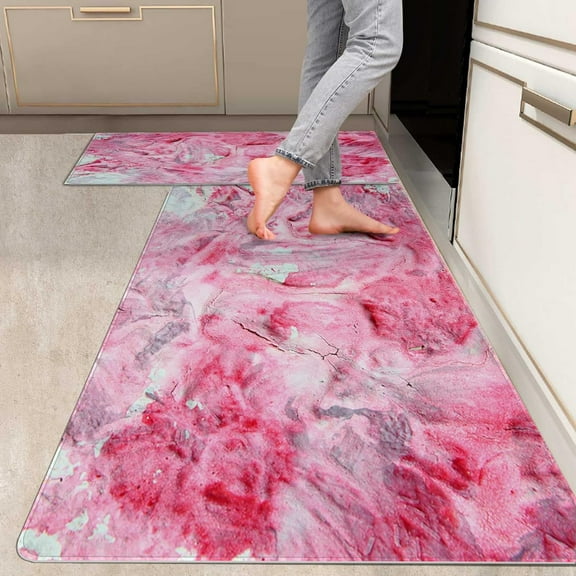 2 Pieces Kitchen Rugs, Abstract Anti Fatigue Non Slip Foam Cushioned Art Modern Rococo Sea Pink Comfort Indoor Floor Mat Runner Rug Set for Laundry Office Sink Bathroom (17"x48"+17"x24")