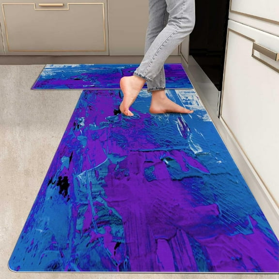 2 Pieces Kitchen Rugs, Abstract Anti Fatigue Non Slip Foam Cushioned Art Modern Royal Blue Purple Comfort Indoor Floor Mat Runner Rug Set for Laundry Office Sink Bathroom (17"x48"+17"x24")
