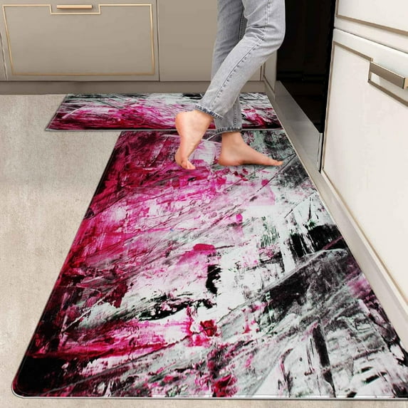 2 Pieces Kitchen Rugs, Abstract Anti Fatigue Non Slip Foam Cushioned Art Modern White Fuchsia Rose Comfort Indoor Floor Mat Runner Rug Set for Laundry Office Sink Bathroom (17"x48"+17"x24")