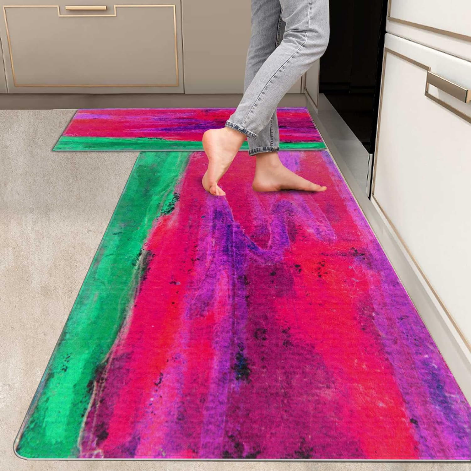 2 Pieces Kitchen Rugs, Abstract Anti Fatigue Non Slip Foam Cushioned Art Tangerine Purple
