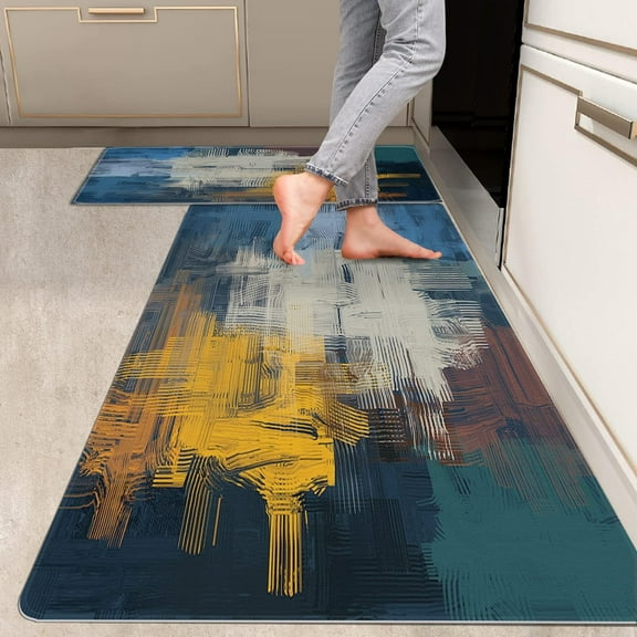 2 Pieces Kitchen Rugs, Abstract Anti Fatigue Non Slip Foam Cushioned Beige Orange Yellow Blue Comfort Modern Indoor Floor Mat Runner Rug Set for Laundry Office Sink Bathroom (17"x48"+17"x24")