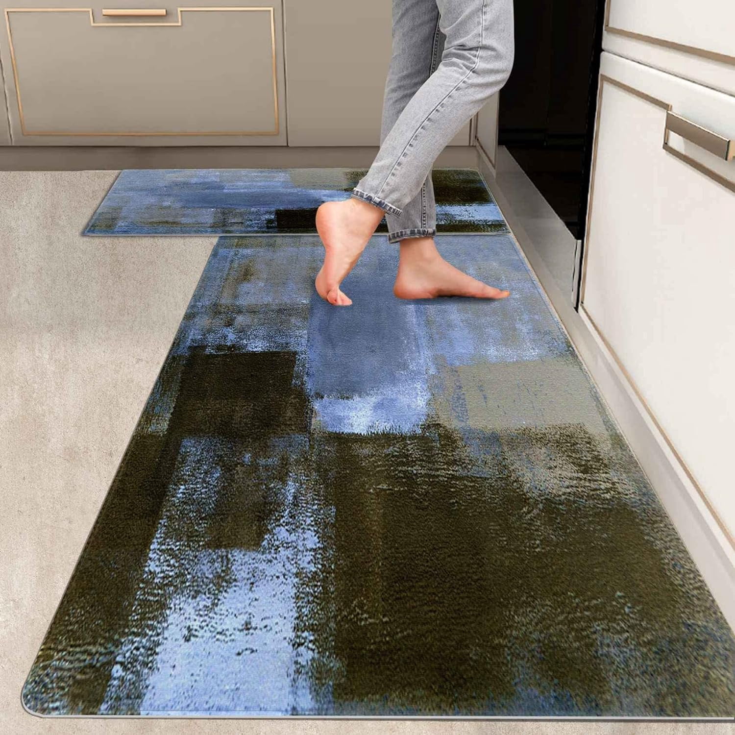 2 Pieces Kitchen Rugs, Abstract Anti Fatigue Non Slip Foam Cushioned ...