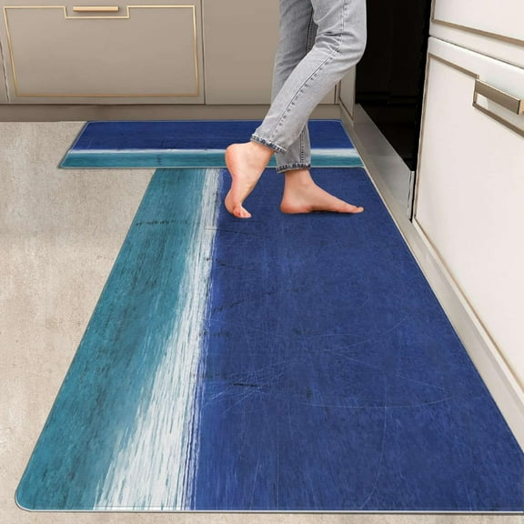 2 Pieces Kitchen Rugs, Abstract Anti Fatigue Non Slip Foam Cushioned Blue and Turquoise Art Painting Comfort Indoor Floor Mat Runner Rug Set for Laundry Office Sink Bathroom (17"x48"+17"x24")