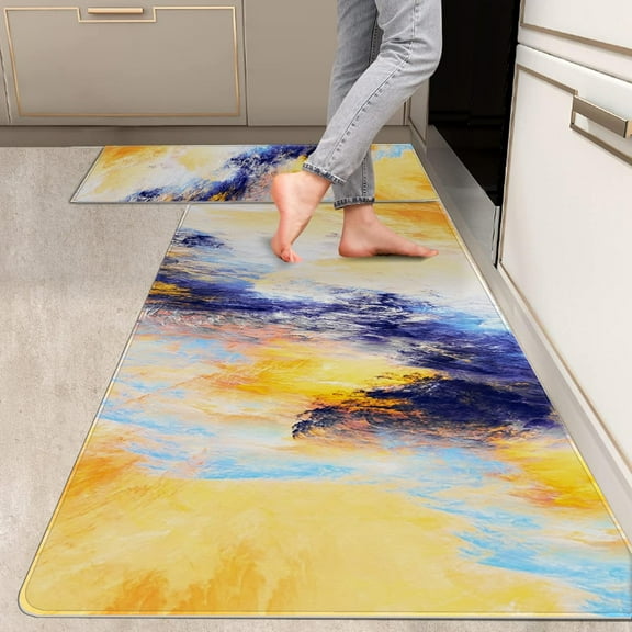 2 Pieces Kitchen Rugs, Abstract Anti Fatigue Non Slip Foam Cushioned Bright Yellow Royal Blue Modern Comfort Indoor Floor Mat Runner Rug Set for Laundry Office Sink Bathroom (17"X48"+17"X24")