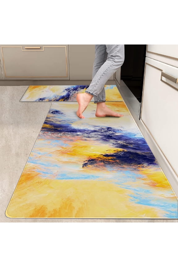 2 Pieces Kitchen Rugs, Abstract Anti Fatigue Non Slip Foam Cushioned Bright Yellow Royal Blue Modern Comfort Indoor Floor Mat Runner Rug Set for Laundry Office Sink Bathroom (17"X48"+17"X24")