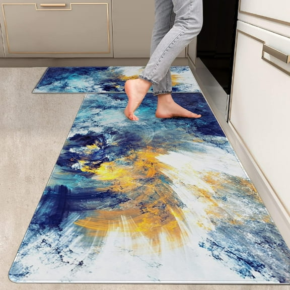 2 Pieces Kitchen Rugs, Abstract Anti Fatigue Non Slip Foam Cushioned Bright Yellow Royal Blue Modern Comfort Indoor Floor Mat Runner Rug Set for Laundry Office Sink Bathroom (17"X48"+17"X24")