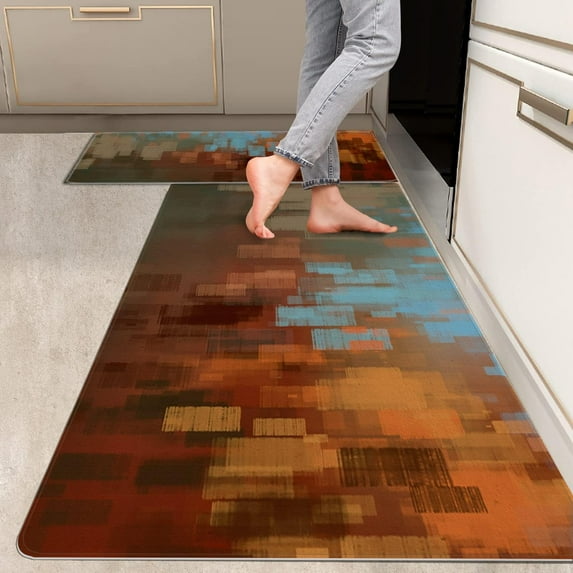 2 Pieces Kitchen Rugs, Abstract Anti Fatigue Non Slip Foam Cushioned Brown Orange Dappled Art Modern Comfort Indoor Floor Mat Runner Rug Set for Laundry Office Sink Bathroom (17"x48"+17"x24")