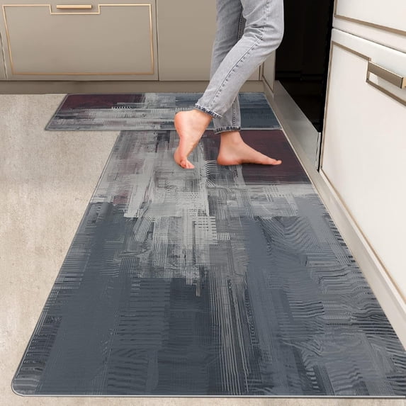 2 Pieces Kitchen Rugs, Abstract Non Slip Burgundy Red Yellow Comfort Art Modern Indoor Floor Mat Runner Rug Set for Laundry Office Sink Bathroom (17"x48"+17"x24")