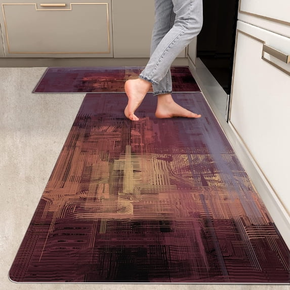 2 Pieces Kitchen Rugs, Abstract Anti Fatigue Non Slip Foam Cushioned Burgundy Red Yellow Comfort Art Modern Indoor Floor Mat Runner Rug Set for Laundry Office Sink Bathroom (16"x48"+16"x24")
