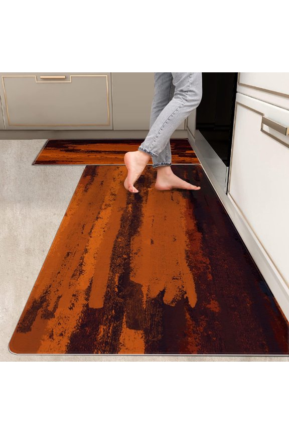 2 Pieces Kitchen Rugs, Abstract Anti Fatigue Non Slip Foam Cushioned Burnt Orange Dappled Art Modern Comfort Indoor Floor Mat Runner Rug Set for Laundry Office Sink Bathroom (17"x48"+17"x24")
