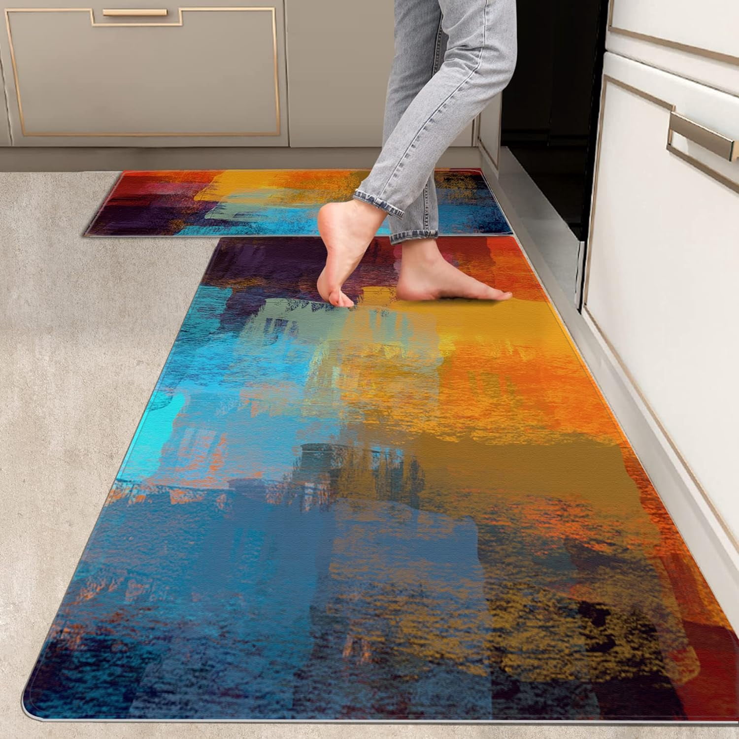 2 Pieces Kitchen Rugs, Abstract Anti Fatigue Non Slip Foam Cushioned ...