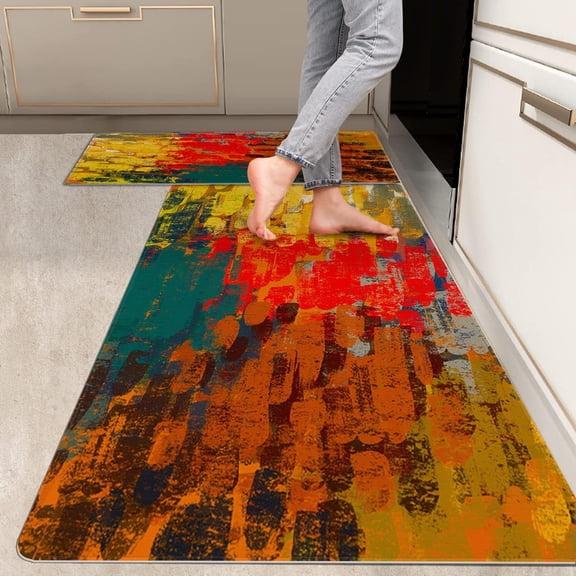 2 Pieces Kitchen Rugs, Abstract Anti Fatigue Non Slip Foam Cushioned Colorful Graffiti Art Modern Comfort Indoor Floor Mat Runner Rug Set for Laundry Office Sink Bathroom (17"x48"+17"x24")