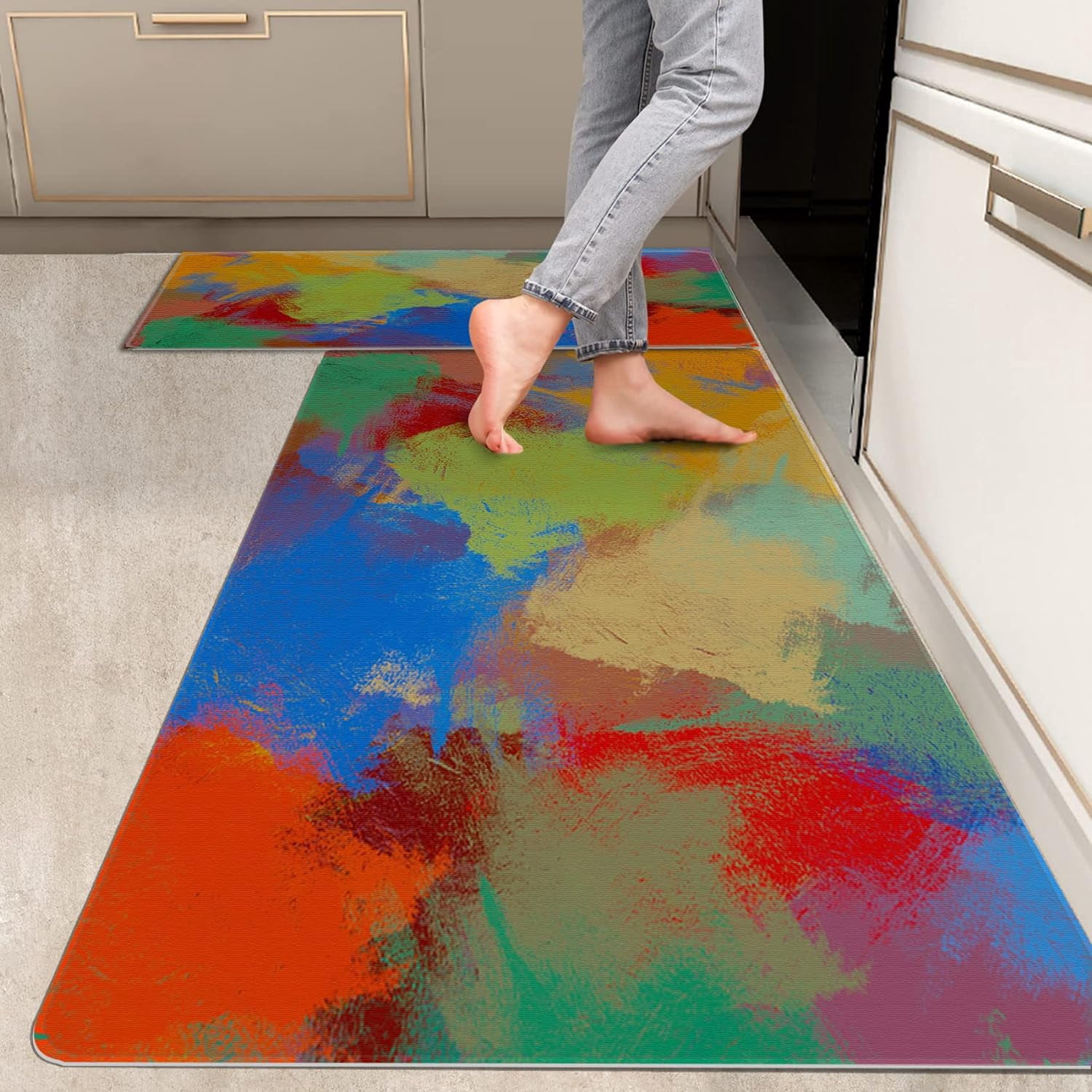 2 Pieces Kitchen Rugs, Abstract Anti Fatigue Non Slip Foam Cushioned ...