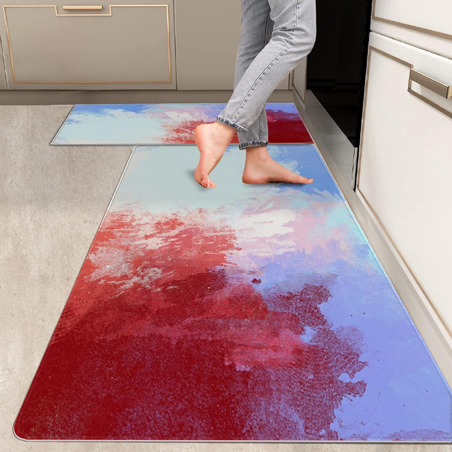 2 Pieces Kitchen Rugs, Abstract Anti Fatigue Non Slip Foam Cushioned ...