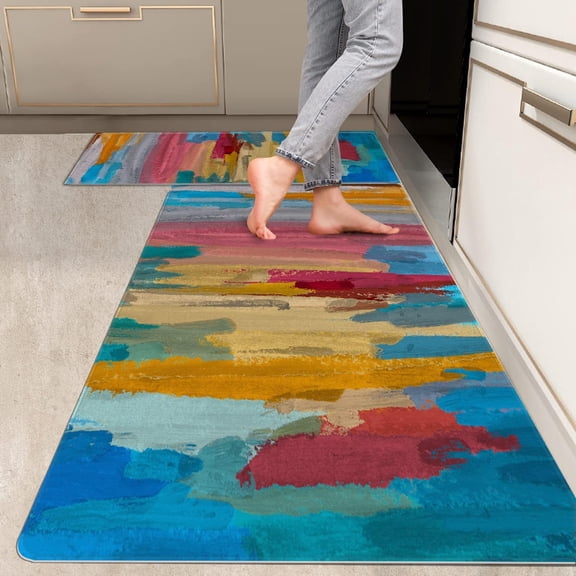 2 Pieces Kitchen Rugs, Abstract Anti Fatigue Non Slip Foam Cushioned Colorful Lines Art Modern Comfort Indoor Floor Mat Runner Rug Set for Laundry Office Sink Bathroom (17"x48"+17"x24")