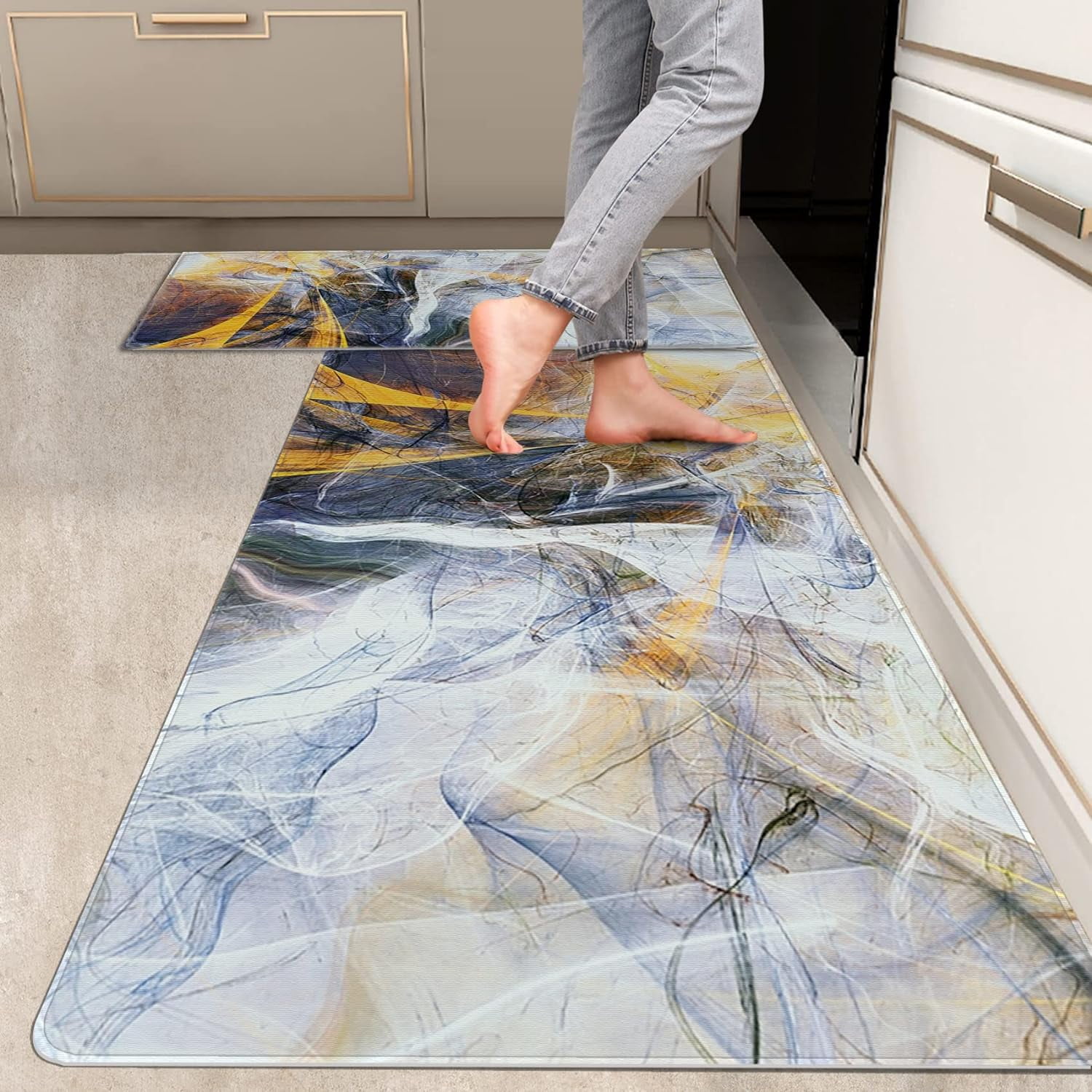 2 Pieces Kitchen Rugs, Abstract Anti Fatigue Non Slip Foam Cushioned ...