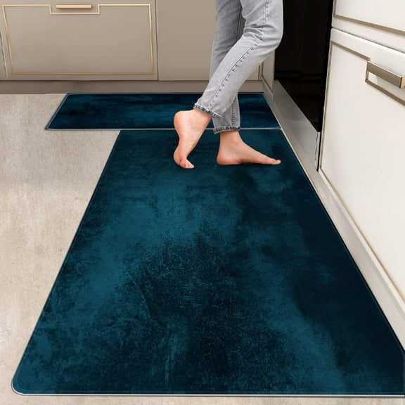 2 Pieces Kitchen Rugs, Abstract Anti Fatigue Non Slip Foam Cushioned Emerald Art Graffiti Modern Comfort Indoor Floor Mat Runner Rug Set for Laundry Office Sink Bathroom (17"x48"+17"x24")