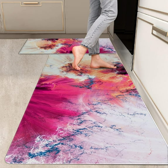 2 Pieces Kitchen Rugs, Abstract Anti Fatigue Non Slip Foam Cushioned Fuchsia Rose Coral Art Painting Comfort Indoor Floor Mat Runner Rug Set for Laundry Office Sink Bathroom (17"X48"+17"X24")
