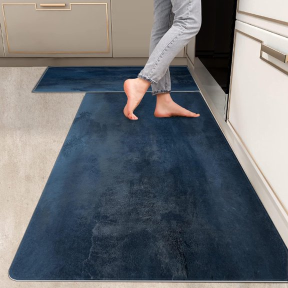 2 Pieces Kitchen Rugs, Abstract Anti Fatigue Non Slip Foam Cushioned Grayish Blue Graffiti Modern Comfort Indoor Floor Mat Runner Rug Set for Laundry Office Sink Bathroom (17"x48"+17"x24")