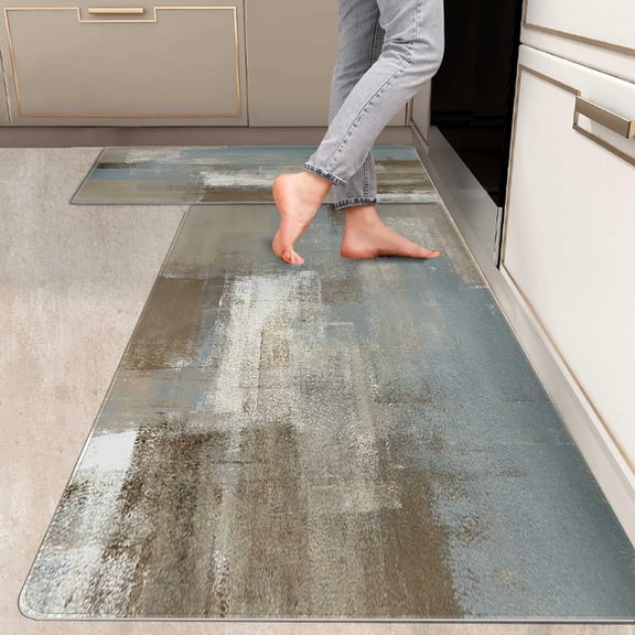 2 Pieces Kitchen Rugs, Abstract Anti Fatigue Non Slip Foam Cushioned Grey and Beige Art Painting Comfort Indoor Floor Mat Runner Rug Set for Laundry Office Sink Bathroom (17"x48"+17"x24")