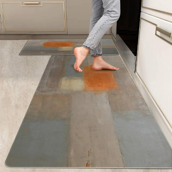 2 Pieces Kitchen Rugs, Abstract Anti Fatigue Non Slip Foam Cushioned Grey and Beige Art Painting Comfort Indoor Floor Mat Runner Rug Set for Laundry Office Sink Bathroom (17"x48"+17"x24")