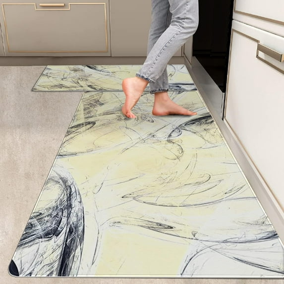 2 Pieces Kitchen Rugs, Abstract Anti Fatigue Non Slip Foam Cushioned Grey Yellow Art Modern Painting Comfort Indoor Floor Mat Runner Rug Set for Laundry Office Sink Bathroom (17"X48"+17"X24")