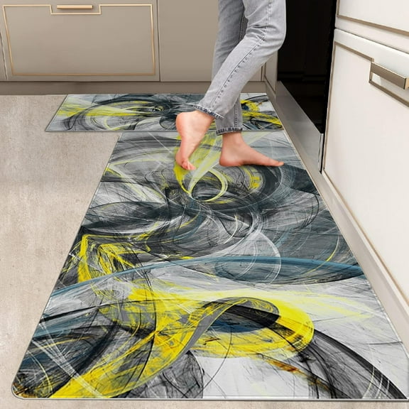 2 Pieces Kitchen Rugs, Abstract Anti Fatigue Non Slip Foam Cushioned Grey Yellow Art Modern Painting Comfort Indoor Floor Mat Runner Rug Set for Laundry Office Sink Bathroom (17"X48"+17"X24")