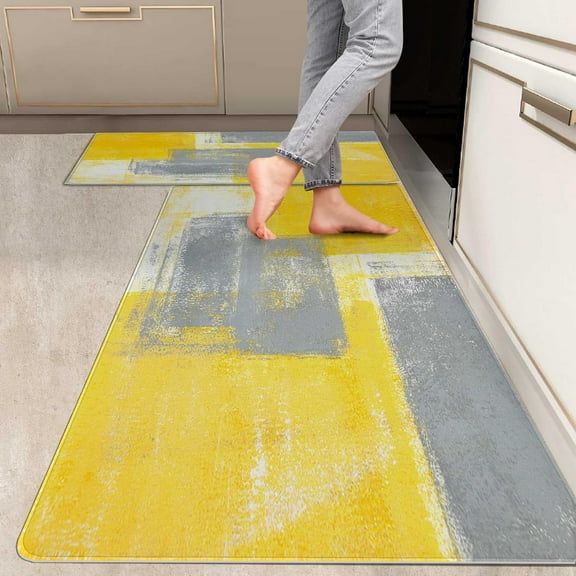 2 Pieces Kitchen Rugs, Abstract Anti Fatigue Non Slip Foam Cushioned Grey and Yellow Art Painting Comfort Indoor Floor Mat Runner Rug Set for Laundry Office Sink Bathroom (17"x48"+17"x24")