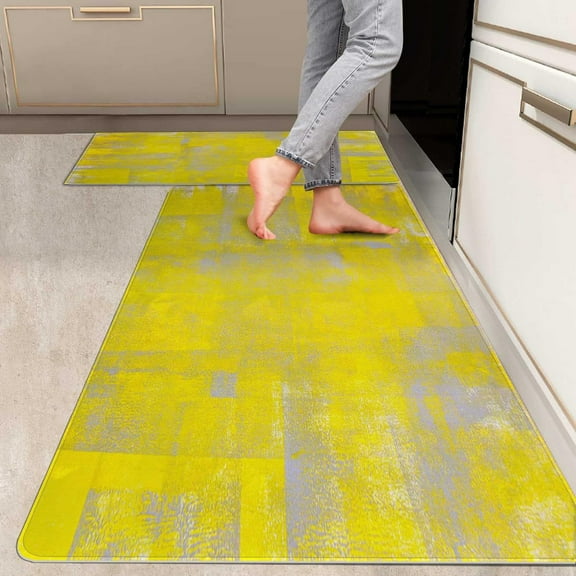 2 Pieces Kitchen Rugs, Abstract Anti Fatigue Non Slip Foam Cushioned Grey and Yellow Art Painting Comfort Indoor Floor Mat Runner Rug Set for Laundry Office Sink Bathroom (17"x48"+17"x24")