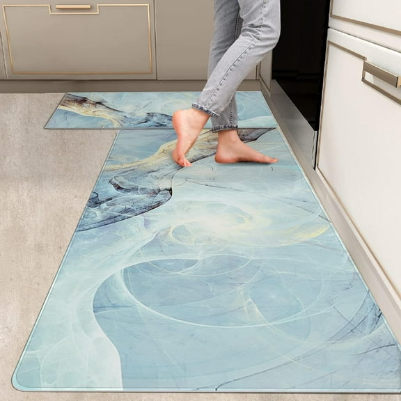 2 Pieces Kitchen Rugs, Abstract Anti Fatigue Non Slip Foam Cushioned Light Aqua Yellow Art Modern Comfort Indoor Floor Mat Runner Rug Set for Laundry Office Sink Bathroom (17"X48"+17"X24")