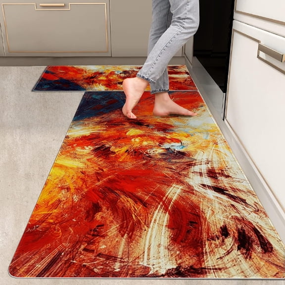 2 Pieces Kitchen Rugs, Abstract Anti Fatigue Non Slip Foam Cushioned Light Gray Art Painting Modern Comfort Indoor Floor Mat Runner Rug Set for Laundry Office Sink Bathroom (17"X48"+17"X24")