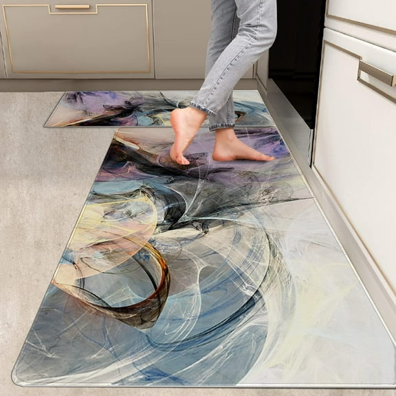 2 Pieces Kitchen Rugs, Abstract Anti Fatigue Non Slip Foam Cushioned Light Grey Art Colorful Modern Comfort Indoor Floor Mat Runner Rug Set for Laundry Office Sink Bathroom (17"X48"+17"X24")