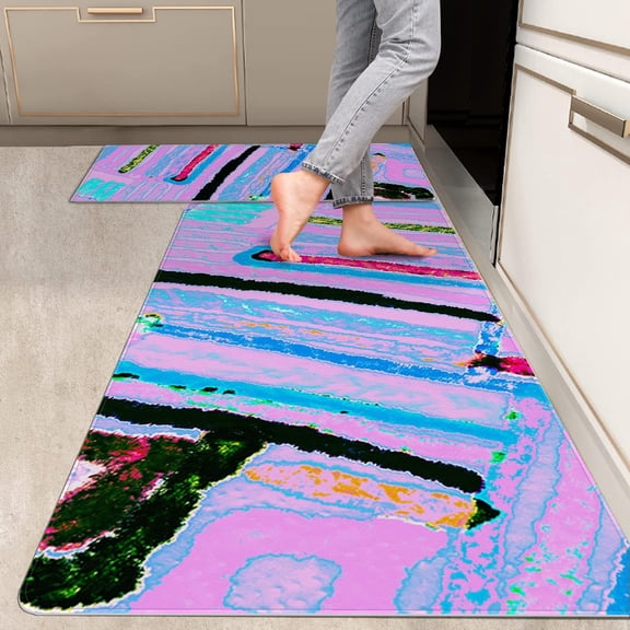 2 Pieces Kitchen Rugs, Abstract Anti Fatigue Non Slip Foam Cushioned Light Pink Periwinkle Purple Comfort Indoor Floor Mat Runner Rug Set for Laundry Office Sink Bathroom (17"X48"+17"X24")